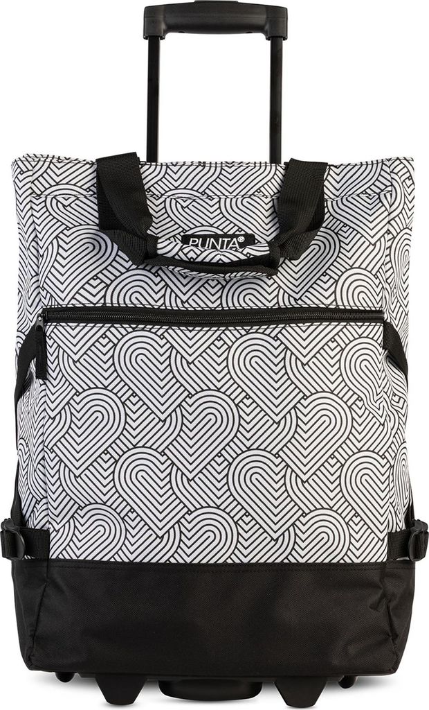 A wheeled shopping bag with a heart pattern.