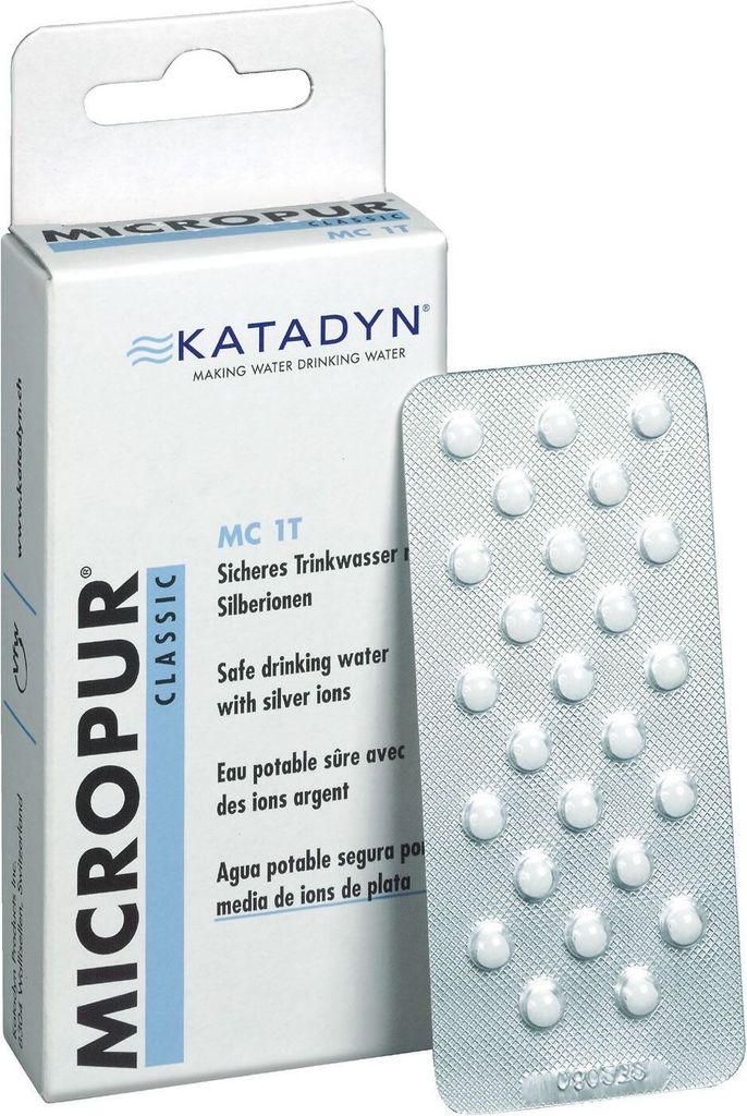 A box of Katadyn Micropur Classic water purification tablets and a blister pack of the tablets are shown against a white background.