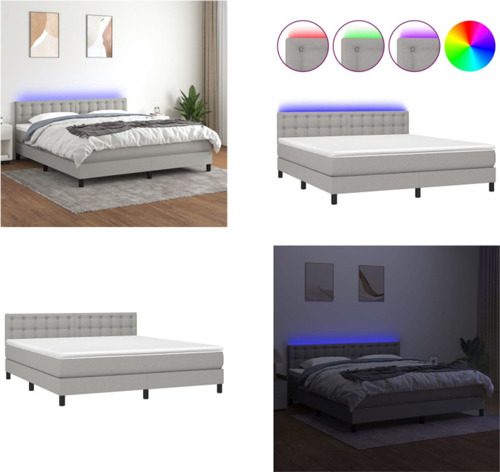 vidaXL Boxspringbett mit Matratze & LED Hellgrau 180x200 cm Stoff - Boxspringbett - Boxspringbetten - Bett - Schlafzimmermöbel