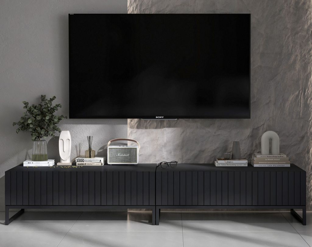 Universal TV-Schrank 2 x ELPIS TV Glamour Style Schwarze Metall Fußgestell Modern 220 cm x 39 cm x 54 cm Schwarz matt - Italienische Tiefmattfolie