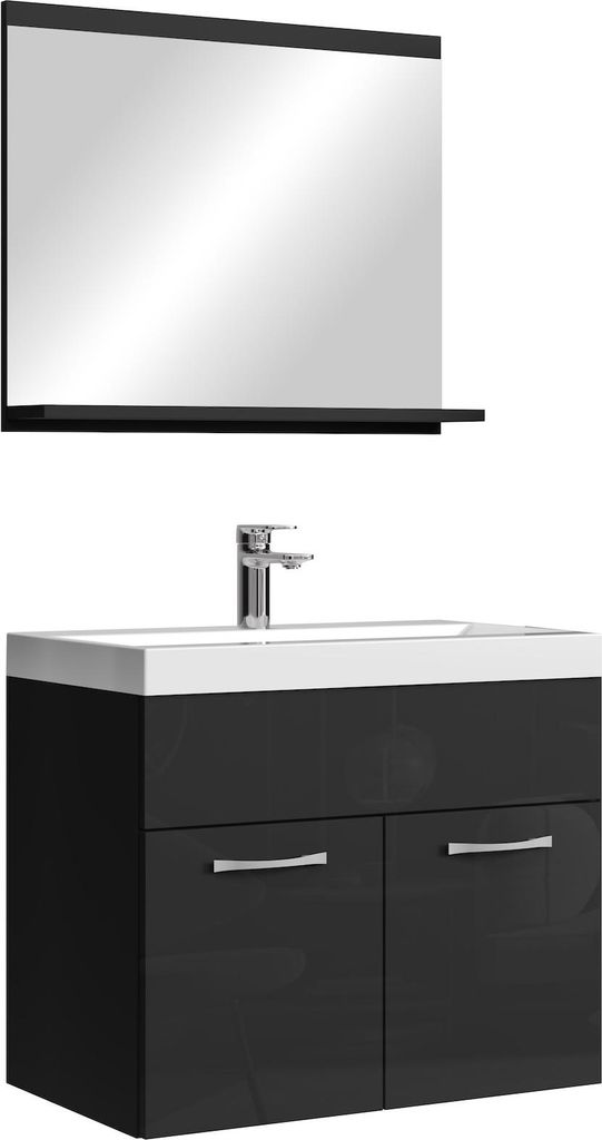 Badplaats Badmöbel Komplettset Montreal 02 60 x 35 cm Schwarz Hochglanz - Badezimmermöbel mit Waschbecken und Spiegel