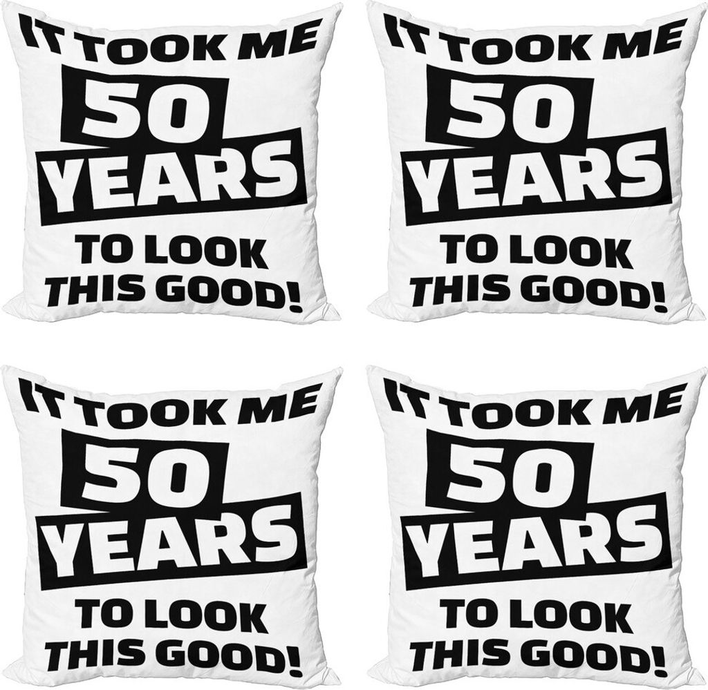 ABAKUHAUS 50. Geburtstag Kissenbezug Set (4 Stück), Lustig Happy Face, Moderner Doppelseitiger Digitaldruck, 40 cm x 40 cm, Schwarz-Weiss