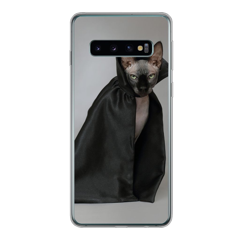 MuchoWow Handyhülle Schutzhülle Hülle für Samsung Galaxy S10 Katze - Umhang - Schwarz Silikon Softcase Handy Hülle - Handytasche