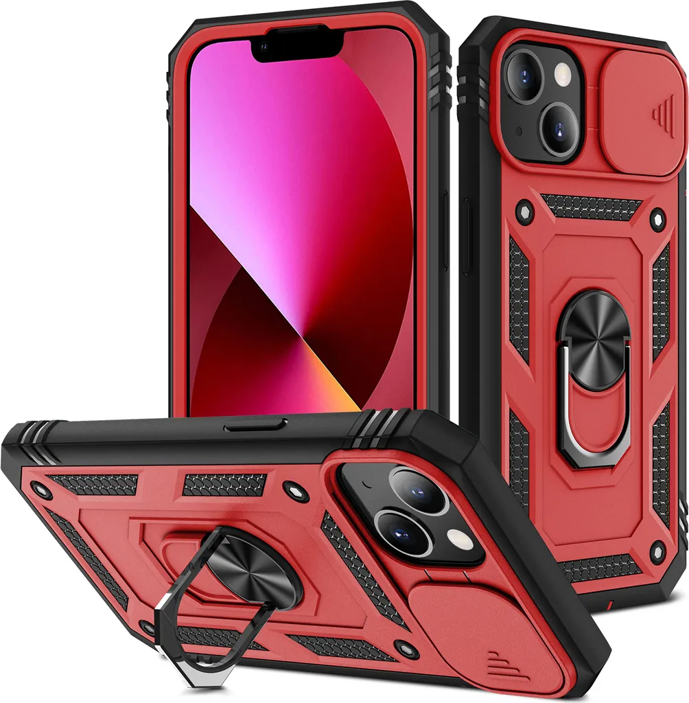 Cover iPhone 14 con Protezione Lenti e Anello Stand - Rosso Armor