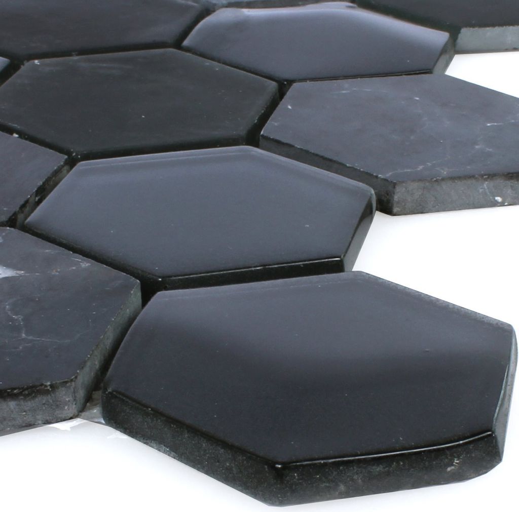 Mosaikfliesen Hexagon Glas Naturstein Iznik Schwarz 3D Produktbild 
