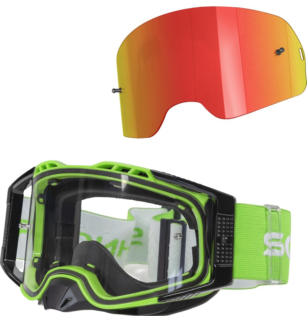 Schnorr MX Pro Grün - Motocross Brille | Transparentes Glas (S0), Anti-Fog, Tear-Off/Roll-Off mit Wechselglass verspiegelt Rot