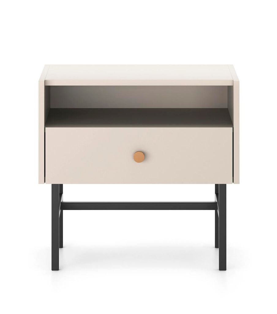 Nachttisch Beige 55 cm Diva – Beistelltisch mit Schublade & Ablagefach, goldfarbener Griff, Metallfüße