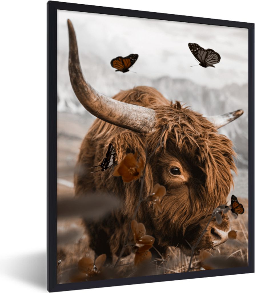 MuchoWow Gerahmtes Poster Schottische Highlander - Schmetterlinge - Natur 30x40 cm - Poster mit Schwarzem Bilderrahmen Wandposter Rahmen Foto Bil...