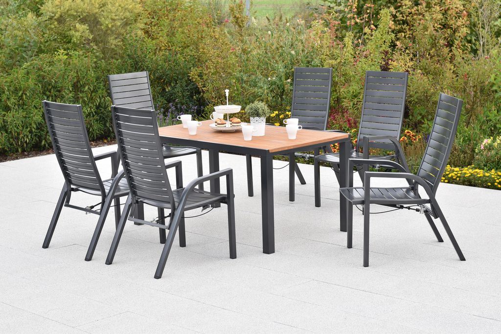 Merxx Gartenmöbel Set Siros 7tlg., 6 Sessel verstellbar durch Gasdruck, Tisch 150 x 90 cm-Akazie/Aluminium
