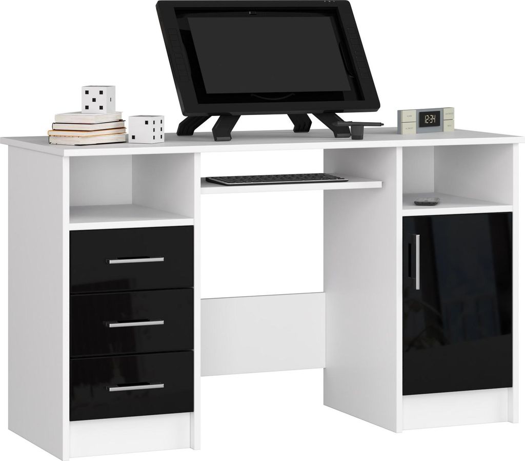 Schreibtisch – Bürotisch – Büroschreibtisch – ANA – 124 cm – Weiß / Schwarz Hochglanz – Großzügiger Arbeitsbereich mit viel Stauraum