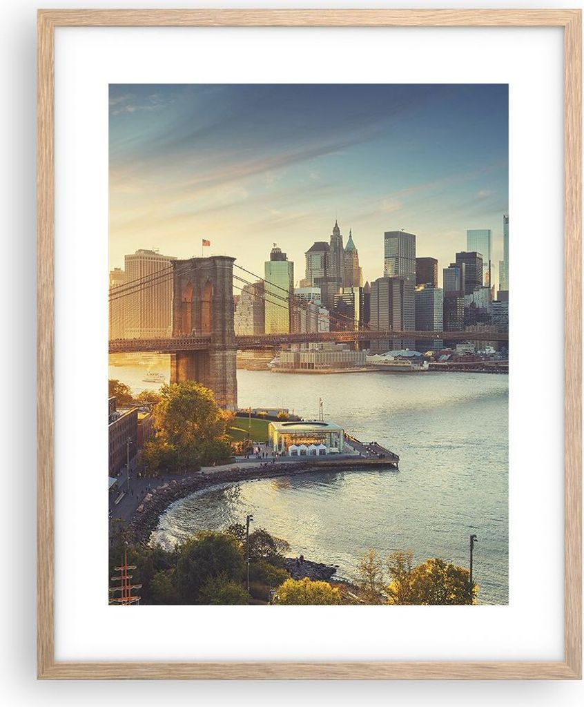 Gerahmtes Poster - Rahmen in heller Eiche - New York Brücke - 40x50 cm - Wand Bild - Wanddeko - Wandbilder - Kunstposter - Wandposter - Bilderrahm...