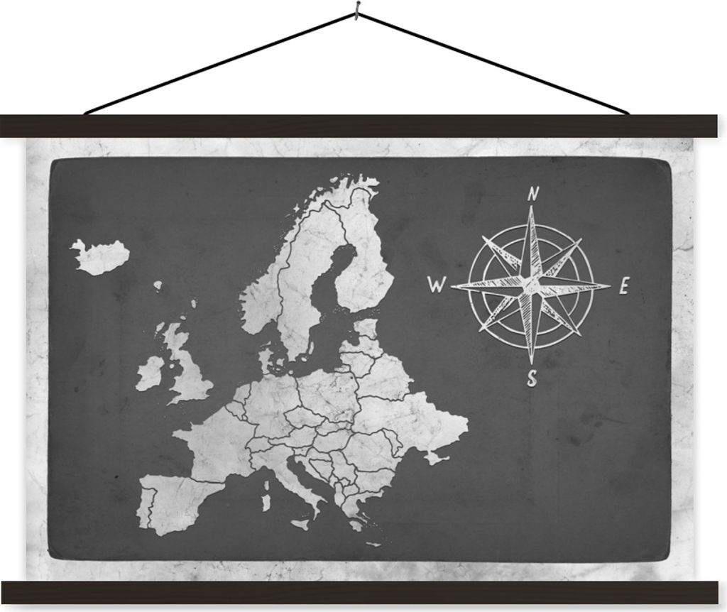 MuchoWow Textilposter Vintage Euro-Karte mit Windrose - schwarz und weiß 60x40 cm mit schwarzem Rahmen - Hölzernes