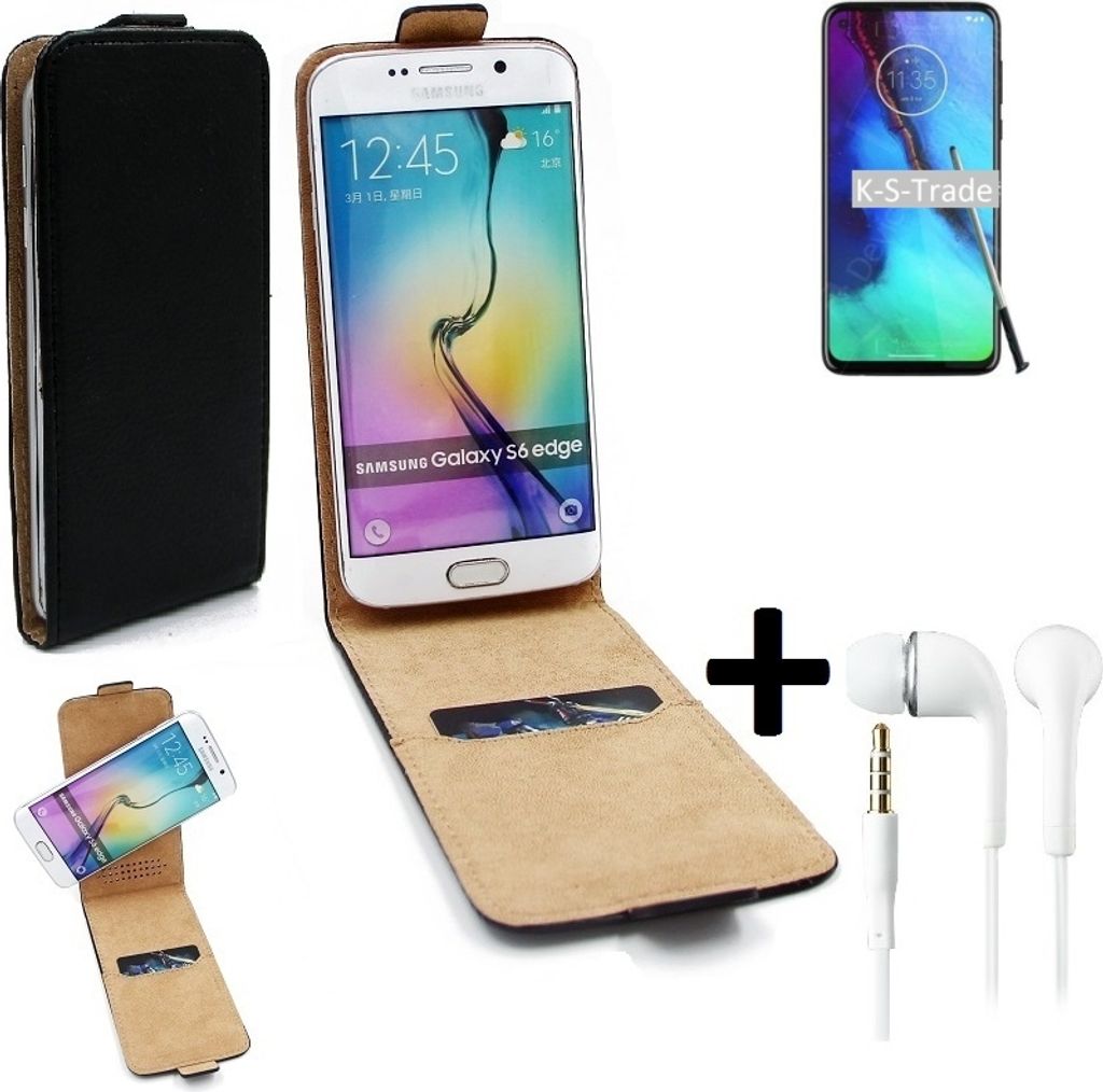 K-S-Trade Handyhülle + Kopfhörer kompatibel mit Motorola Moto G Pro 360° Flipstyle Schutzhülle Smartphone Tasche Case Flip cover schwarz 1x
