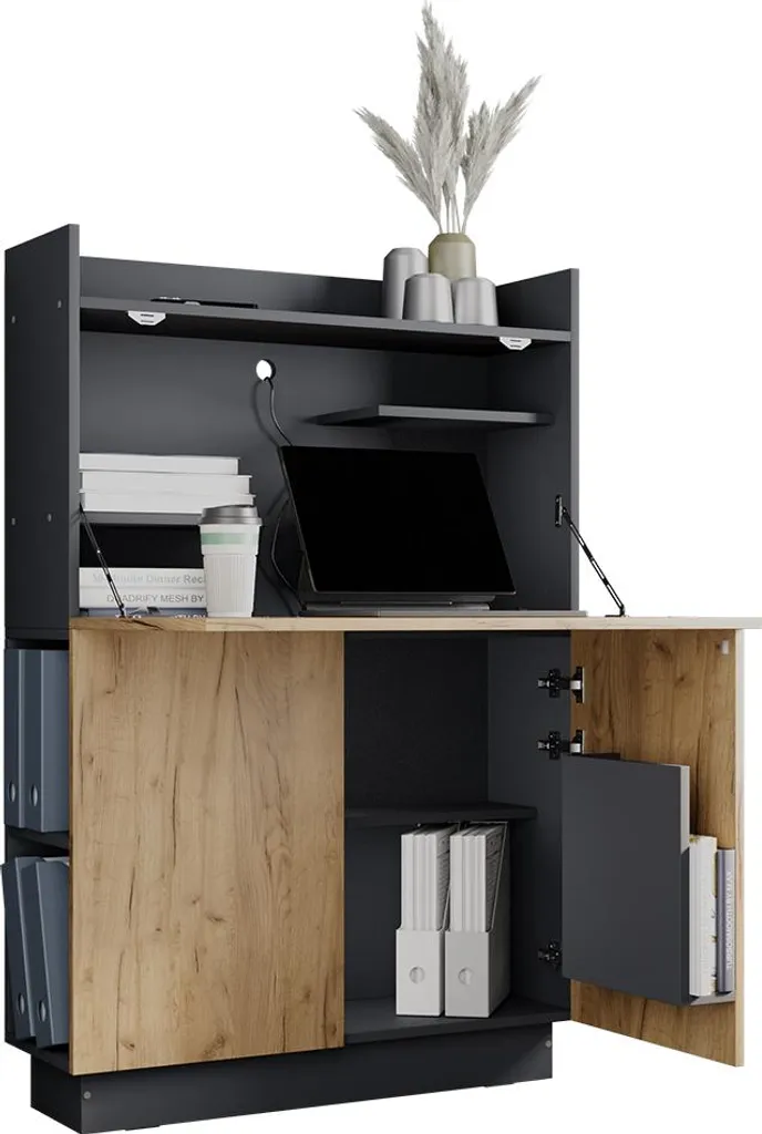 Secrétaire design Alena Anthracite 85 cm, tablette rabattable et Chêne - 4