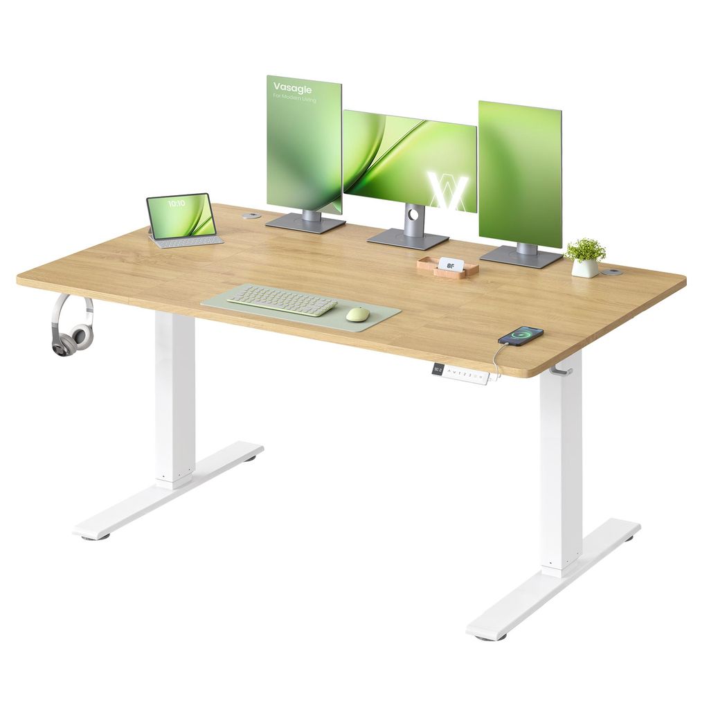 VASAGLE Höhenverstellbarer Schreibtisch, 140 cm, USB-C-Anschluss, Ablage für Steckdosenleiste, Erinnerung bei langem Sitzen, 3 Speichertasten