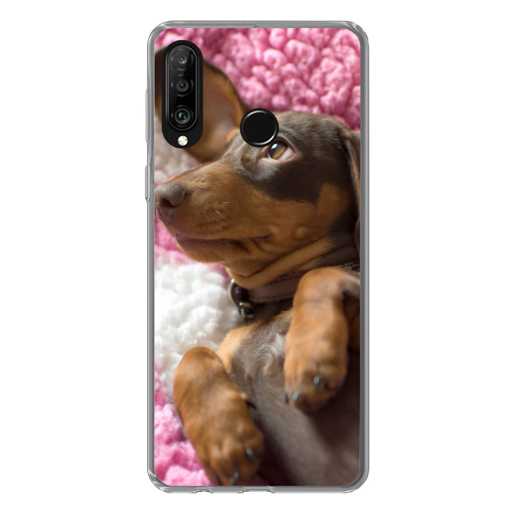 MuchoWow Handyhülle Schutzhülle Hülle für Huawei P30 Lite Ein Dackelwelpe auf einer rosa Decke Silikon Softcase Handy Hülle - Handyhülle