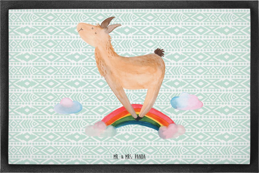Mr. & Mrs. Panda Schmutzfangmatte Lama Regenbogen 60 x 90 cm - Aztekenblau - Geschenk, Selbstständig, Fußabtreter, abstreifer, Hobby, Freiheit, f...