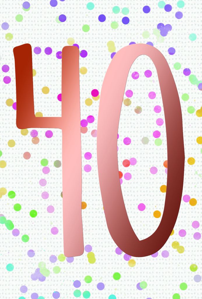 40. Geburtstag Karte mit Briefumschlag bunte Punkte, roségoldene Metallicfolie