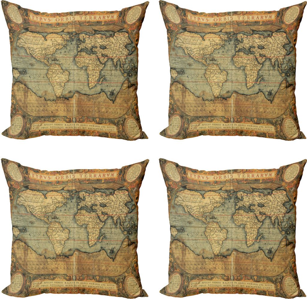 ABAKUHAUS Weltkarte Kissenbezug Set (4 Stück), Vintage Atlas Old-Diagramm, Moderner Doppelseitiger Digitaldruck, 50 cm x 50 cm, Sand Brown-Schiefe...