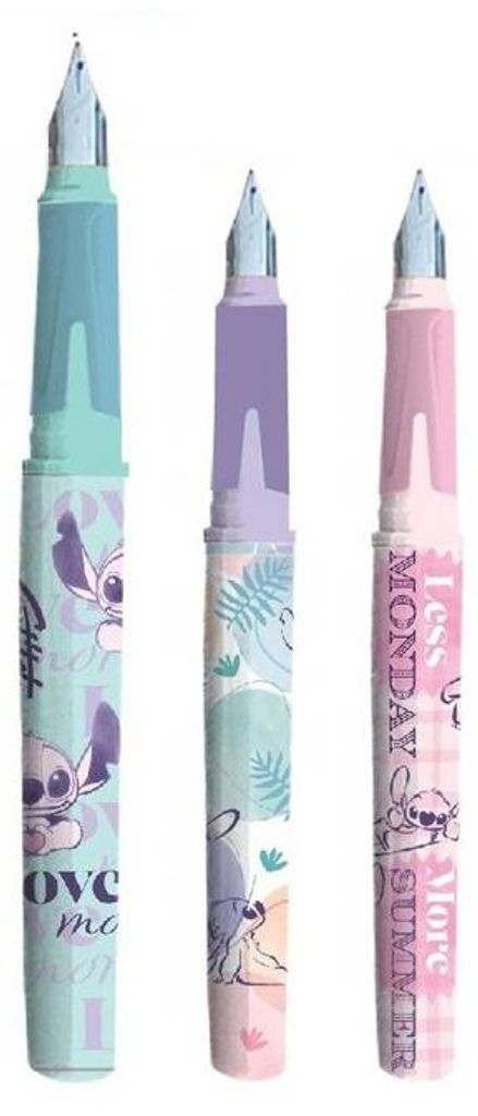 Three Disney-themed fountain pens with pastel colors and character designs.