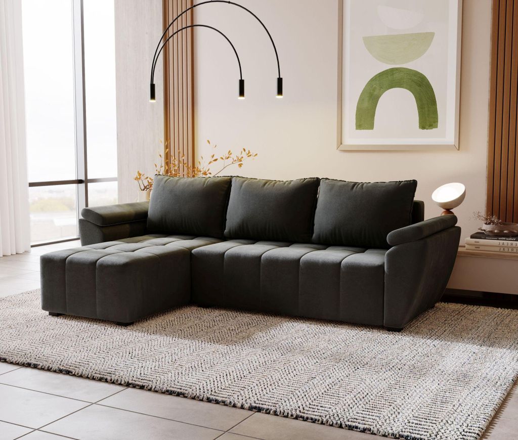BEDANTE Ecksofa ZEUS L Monolith 92 Dunkelgrau Links mit Schlaffunktion L-Form Sofa mit Stauraum Bettkasten Wohnzimmersofa Couch Sofa Bettsofa Bettk...