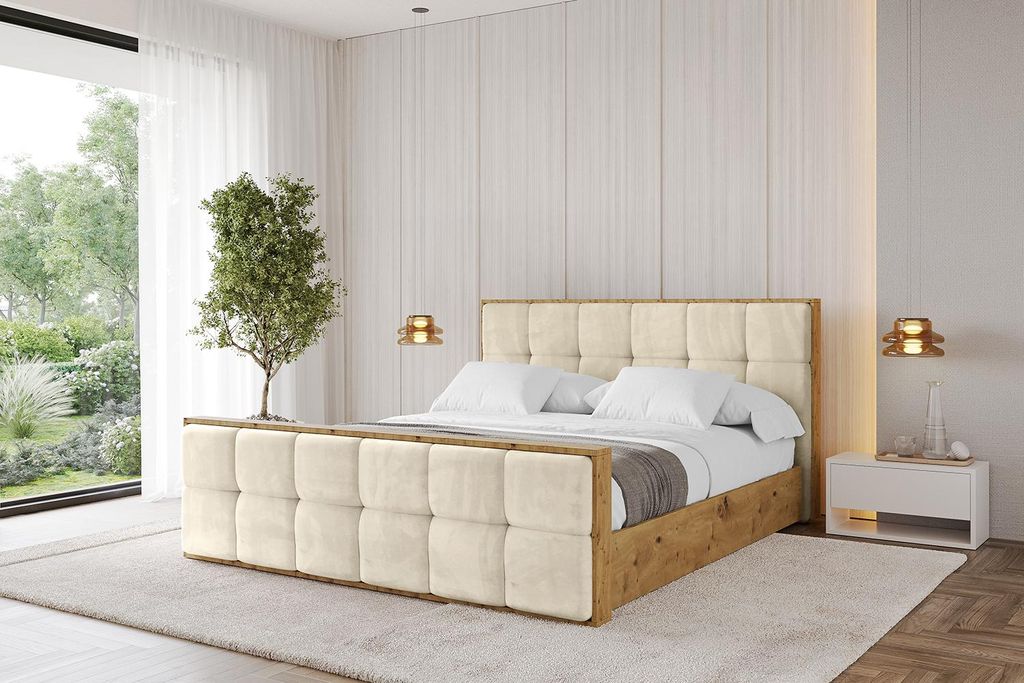 ALTDECOR Polsterbett mit Bettkasten - ENZO7-Z - 180x200 Beige- Bett mit Matratze H3/H4, Kopfteil und Fußteil, Boxbett, Doppelbett mit Stauraum