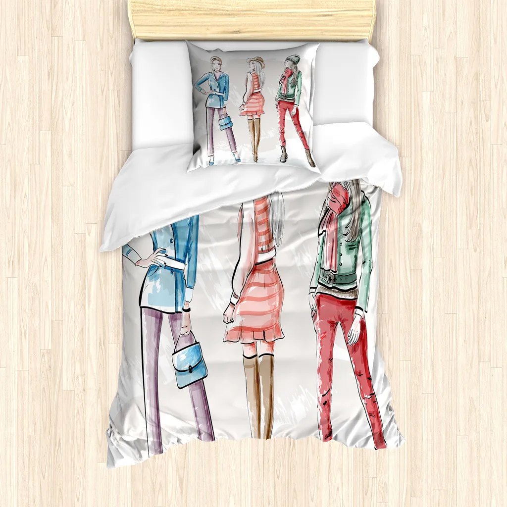 ABAKUHAUS Set copripiumino alla moda per letti singoli, disegno di abiti da donna giovane, antiacaro, adatto a chi soffre di allergie, con federa, 135 cm x 200 cm - 80 x 80 cm, multicolore