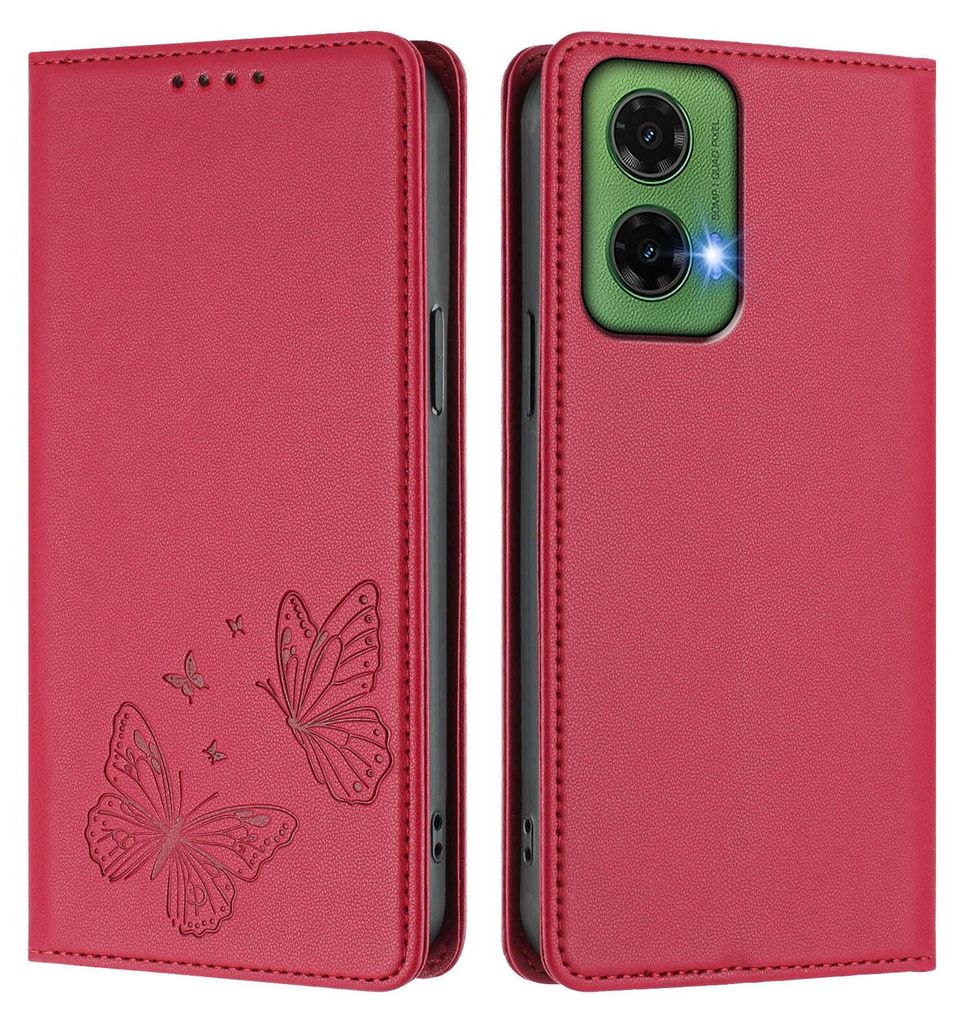 Lederhülle für Motorola Moto G35, Schmetterling Prägung Leder Brieftasche Schutzhülle mit Ständer Rot