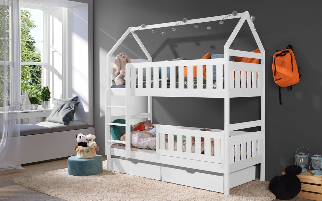 KEF Noah Etagenbett Kinder Holz Kinderbett für Zwei Kinder ohne Matratze Leiter Rechts Weiß 190x80 cm