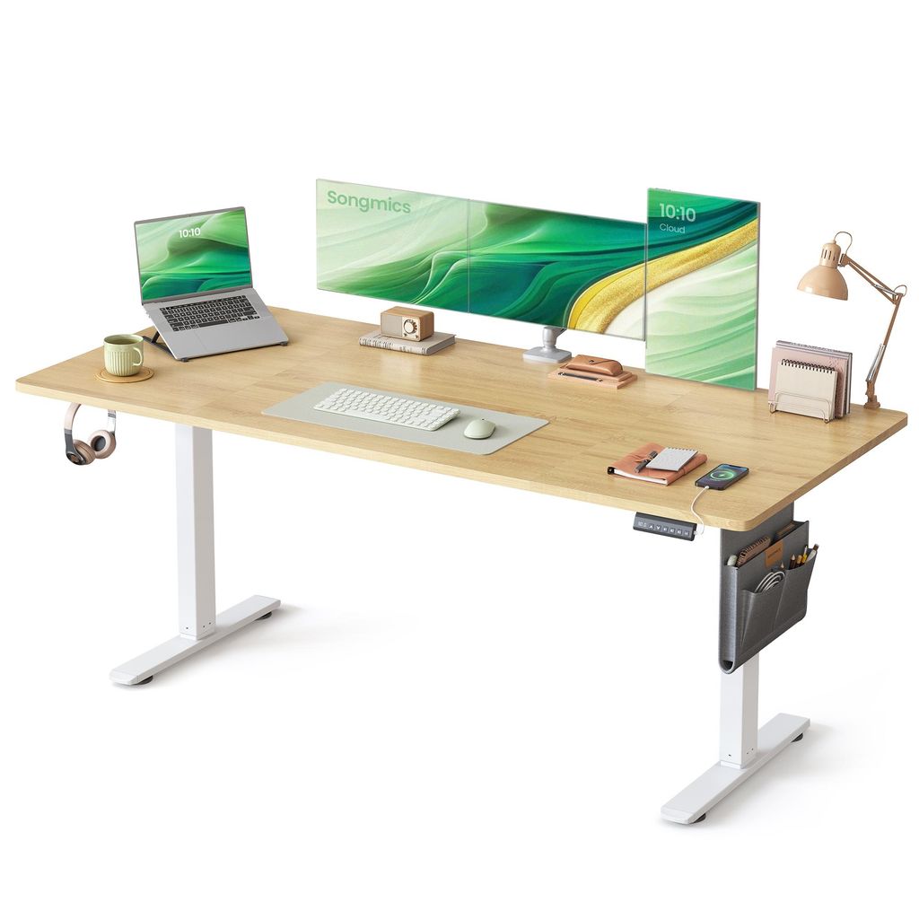A modern standing desk setup with multiple monitors, a laptop, and accessories.