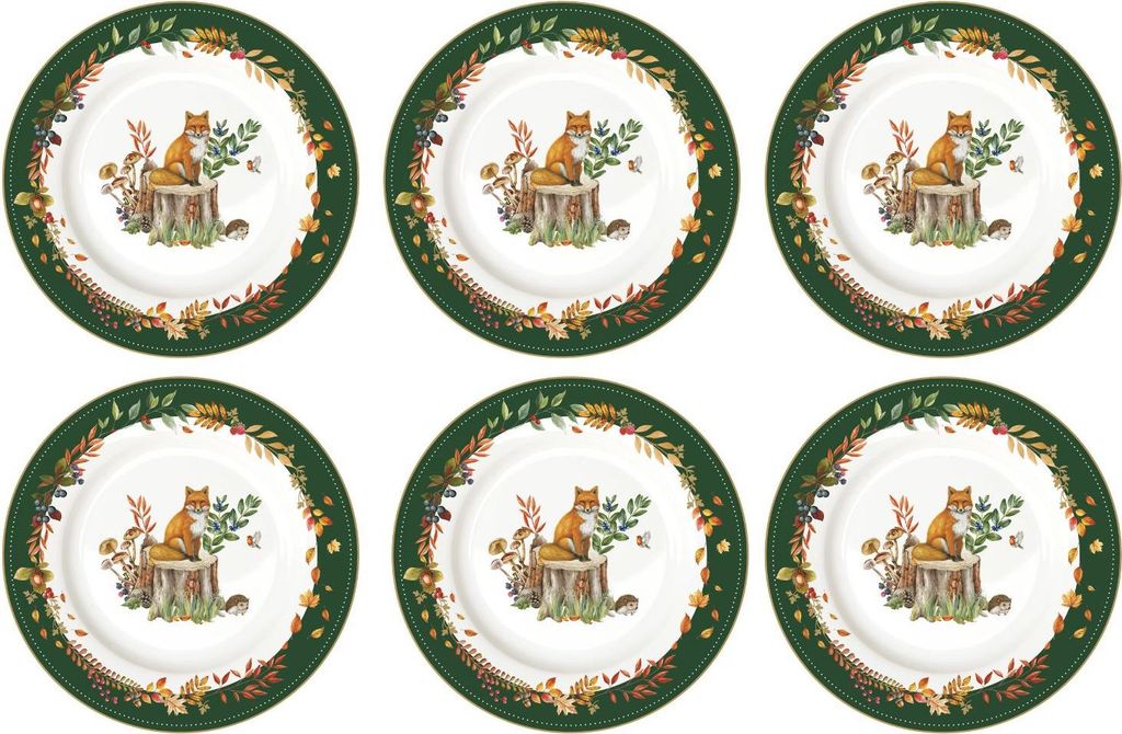 6er Set Kuchenteller Forest Dream mit Fuchs D 19cm weiß grün Porzellan Easy Life