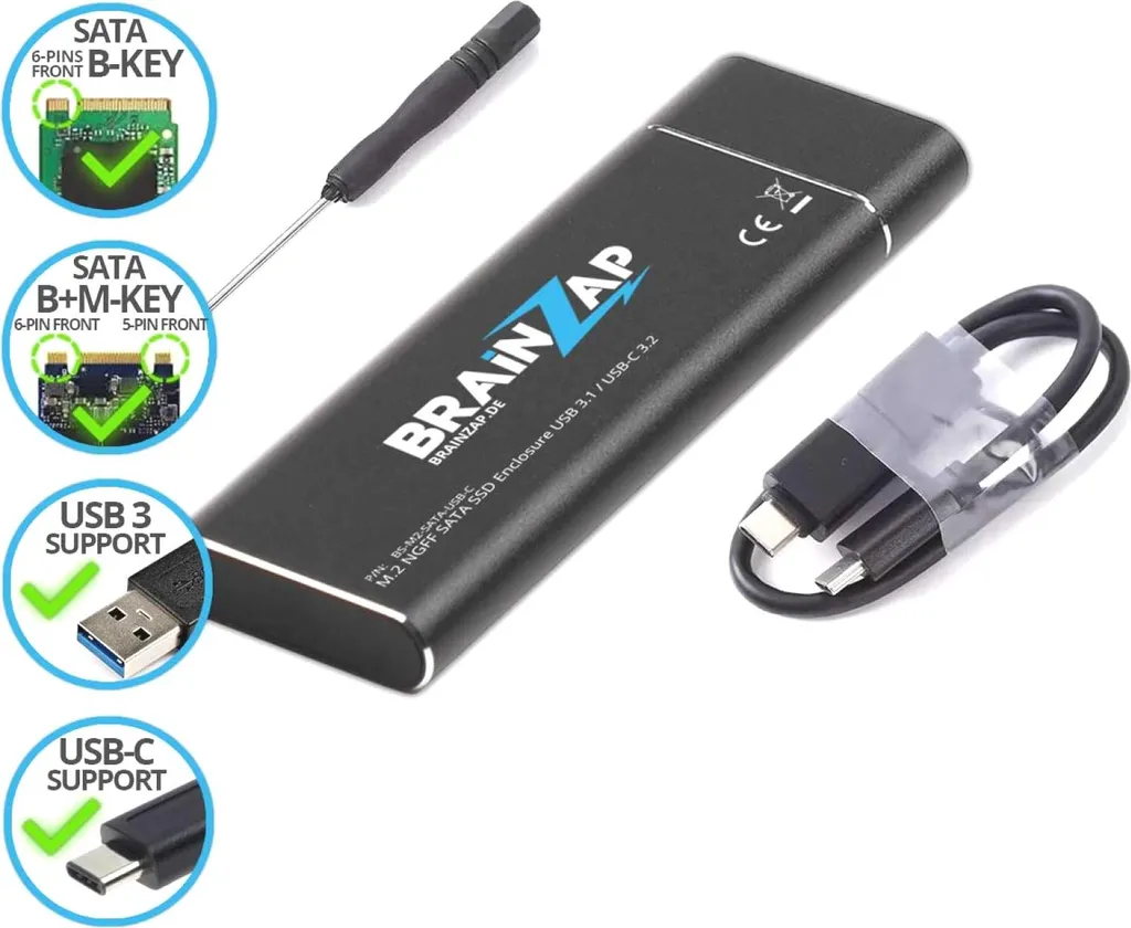 BRAINZAP M.2 M2 NGFF SATA III 6 GBit/s Custodia per SSD esterna Adattatore M-Key M+B Key USB-C USB 3