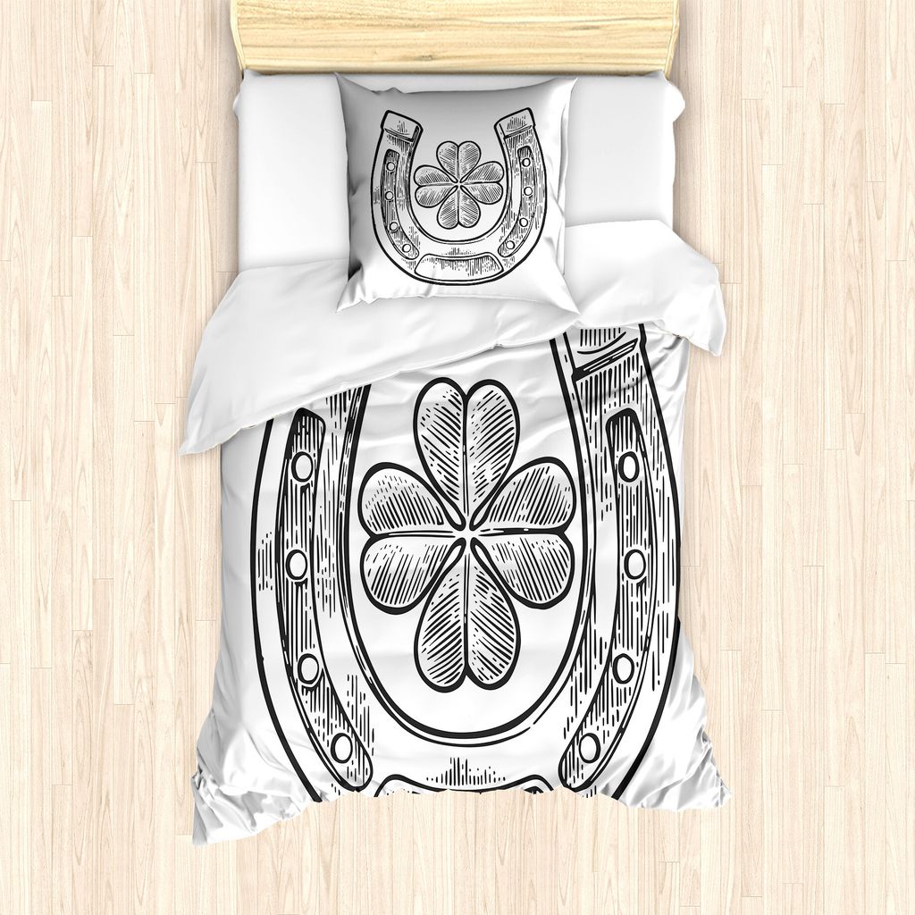 ABAKUHAUS Kleeblatt Bettbezug Set für Einzelbetten, Shamrock und Horseshoe Bild, Milbensicher Allergiker geeignet mit Kissenbezug, 135 cm x 200 cm...