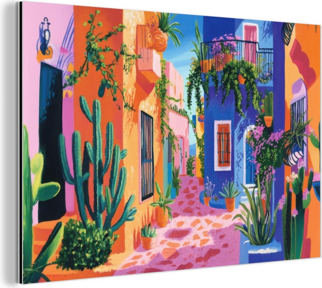 MuchoWow Wanddekoration Metall Metallbild Wandkunst 90x60 cm Gelb - Blau - Orange - Haus MuchoWow Aluminium Gemälde - Wandbilder