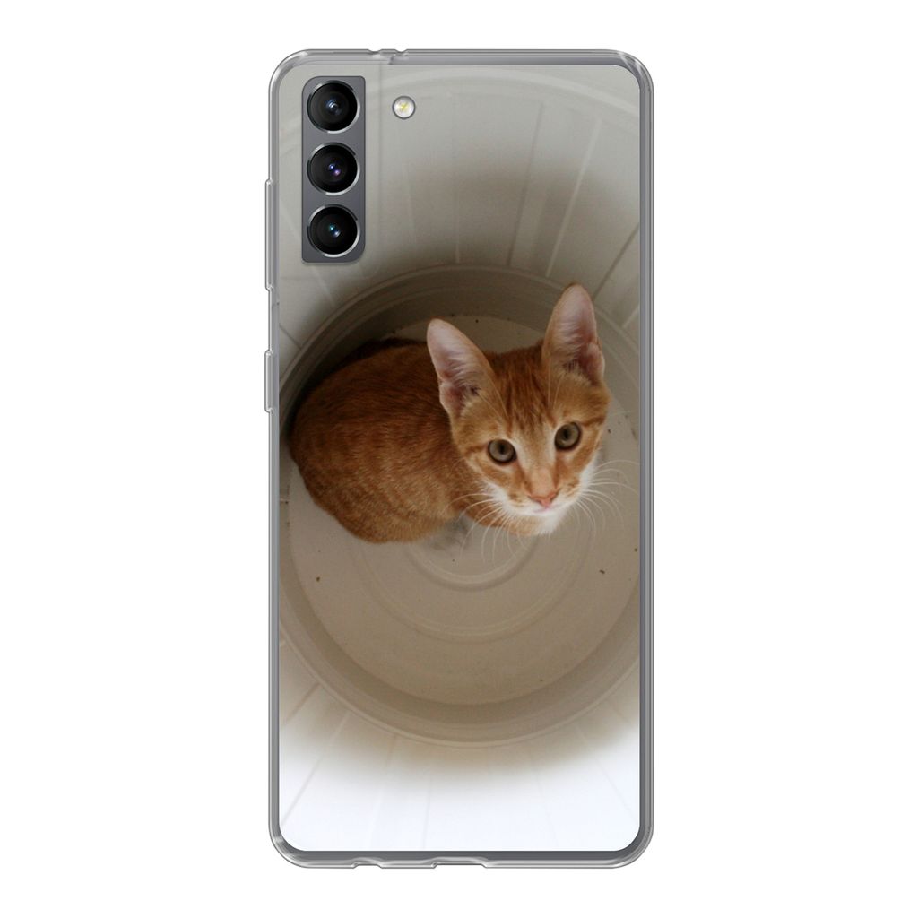 MuchoWow Handyhülle Schutzhülle Hülle für Samsung Galaxy S21 Plus Katze - Mülleimer - Weiß Silikon Softcase Handy Hülle - Handy-Tasche