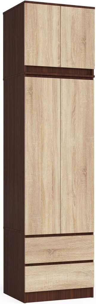 Kleiderschrank AKORD S60 mit Aufsatz Wenge 60 cm 2 Türen 2 Schubladen 3 Ebenen Front Sonoma-Eiche B60 x H234 x T51 cm