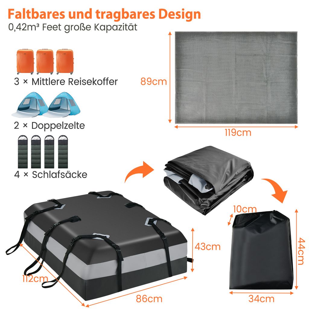 COSTWAY 420L Dachbox faltbar fur Auto Gepackbox wasserdicht mit Zahlenschloss 6 Turhaken Anti Rutsch Matte Tragetasche ohne Gepacktrager Grau