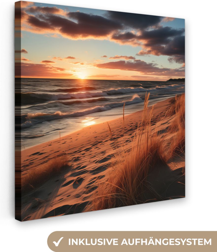 MuchoWow - Leinwandbilder - Strand - Sonnenuntergang - Dünen - Meer - Hochgras, Wandbild, Wanddeko Bilder Wohnzimmer, 20x20 cm