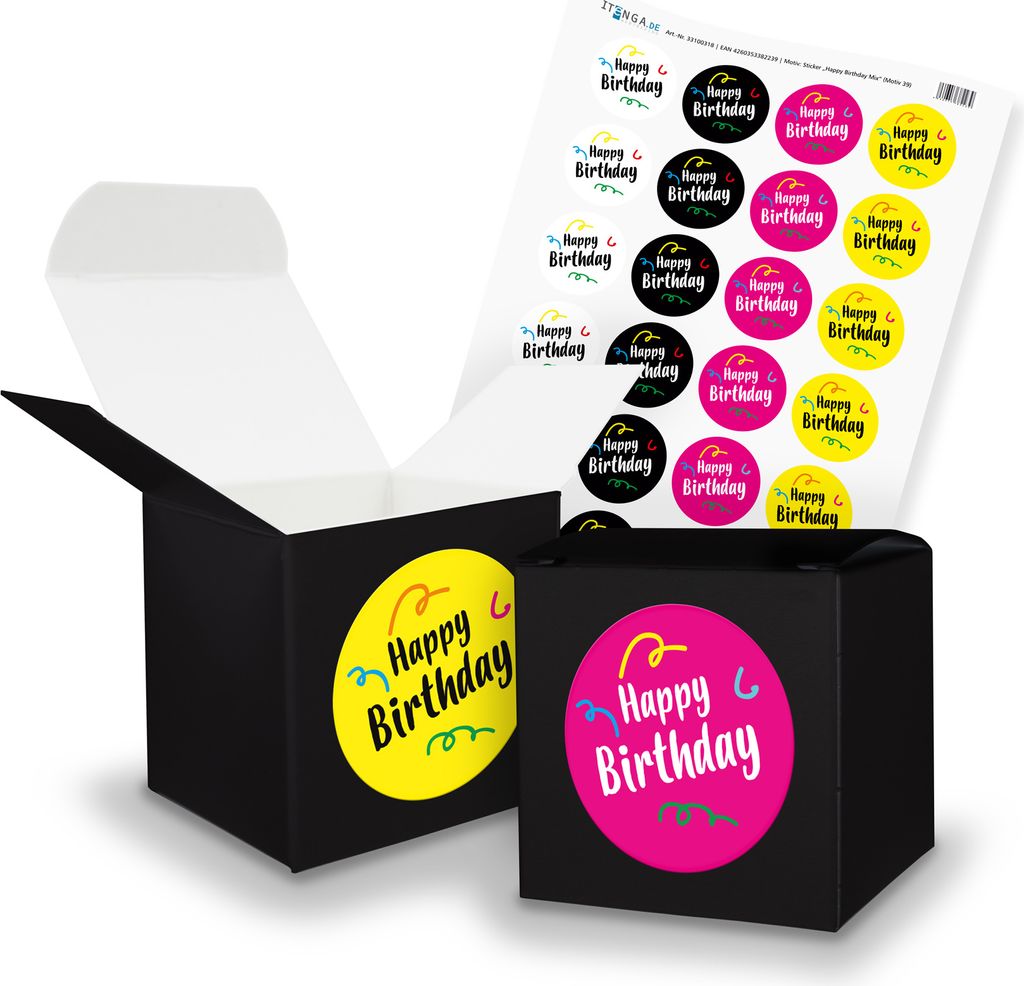 itenga SET Happy Birthday Mix (Motiv 39) 24x Würfel 6,5cm schwarz + Stickerbogen