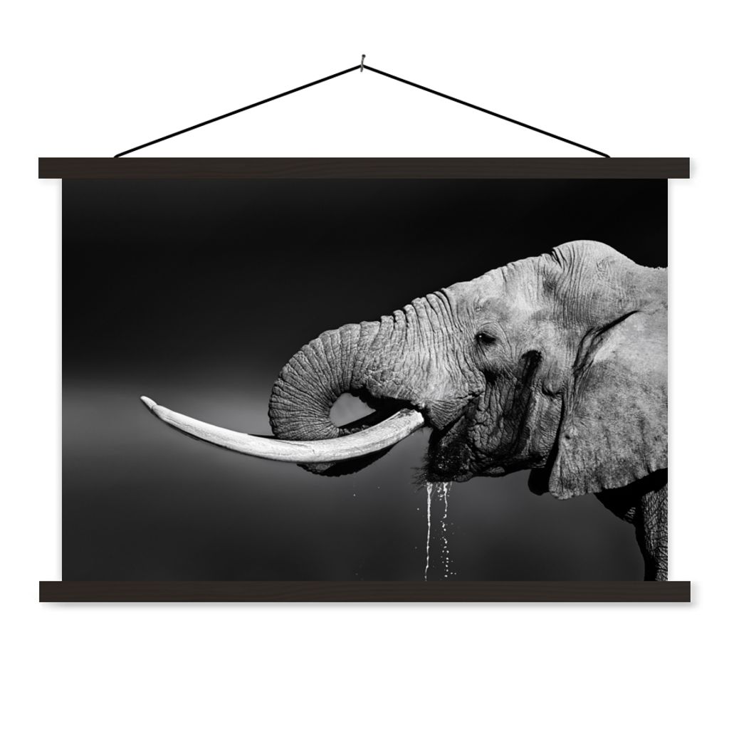 MuchoWow Textilposter Elefant - Wasser - Tiere - Schwarz - Weiß 90x60 cm mit schwarzem Rahmen - Aufhängungssatz