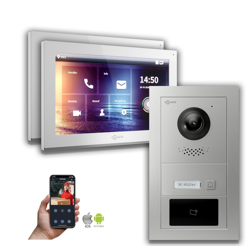 Goliath IP Video Türsprechanlage 2-Monitore RFID Handy App : Aufputzdose : 10 Zoll in Weiß : 4er POE (Standard) Türklingel