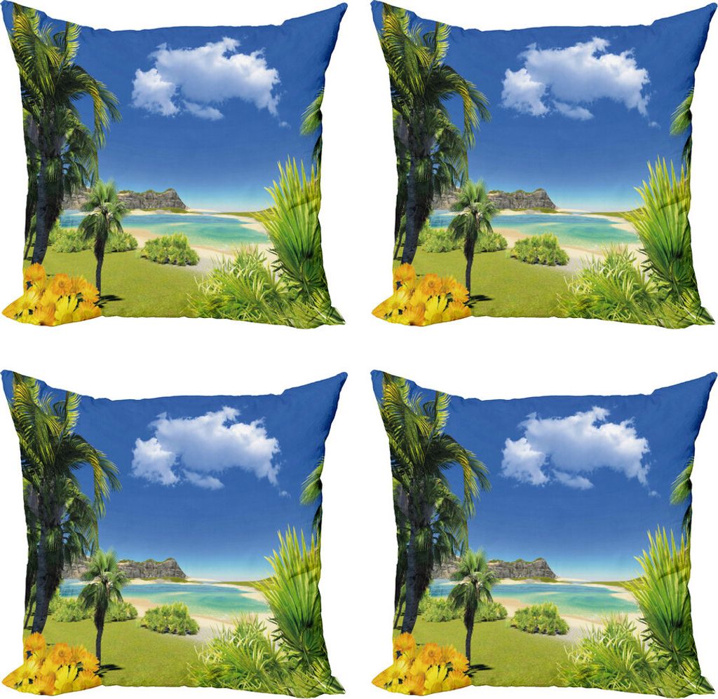 ABAKUHAUS Tropisch Kissenbezug Set (4 Stück), Paradise Palms Island, Moderner Doppelseitiger Digitaldruck, 60 cm x 60 cm, Mehrfarbig