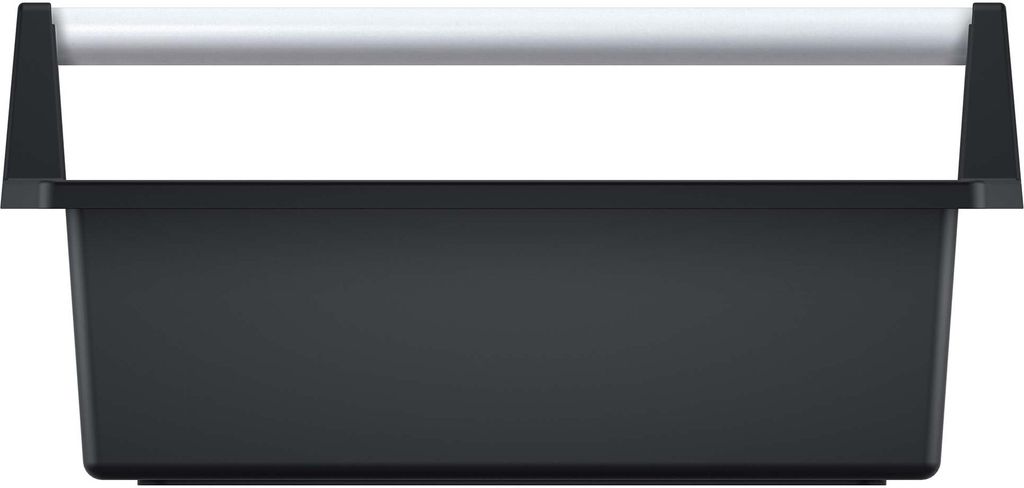 A black tool caddy with a silver handle is shown against a white background.