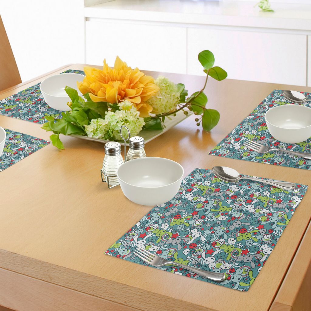 ABAKUHAUS Gekritzel Platzmatten, Kawaii Hasen mit glücklichen Wolken schöne Schädel und Herzen Bunte Bilder drucken, Tiscjdeco aus Farbfesten St...