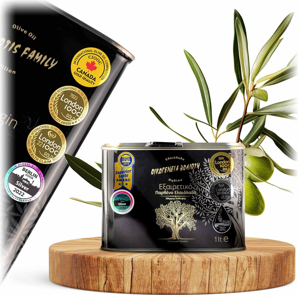 An olive oil can and olive branch are displayed on a wooden stand against a white background.