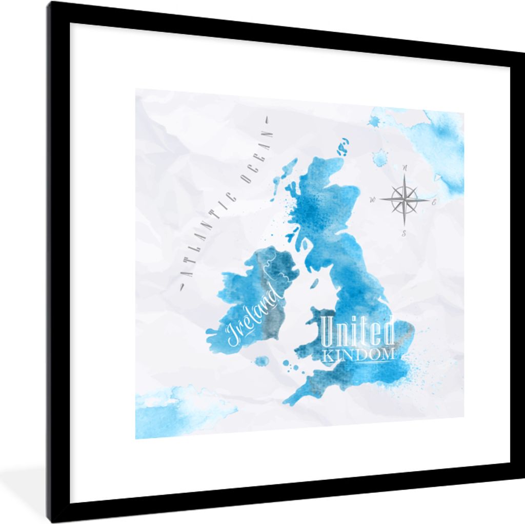 MuchoWow MuchoWow Gerahmtes Poster England - Weltkarte - Blau 40x40 cm - Poster mit zchwarzem Bilderrahmen - Poster - Plakat im Rahmen