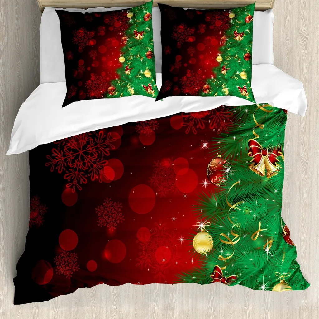 ABAKUHAUS Copripiumino natalizio, alberi Jingle Bells, antiacaro, adatto a chi soffre di allergie, con federe, 200 cm x 200 cm - 80 x 80 cm, bordeaux e verde