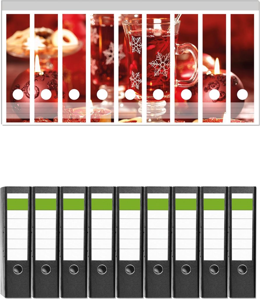 Wallario 9 Stück breite Ordner inkl. Klebeetiketten mit Motive Heißer Winterpunsch mit Kerzen - Set mit Rückenschildern / Ordnerrücken Stickern