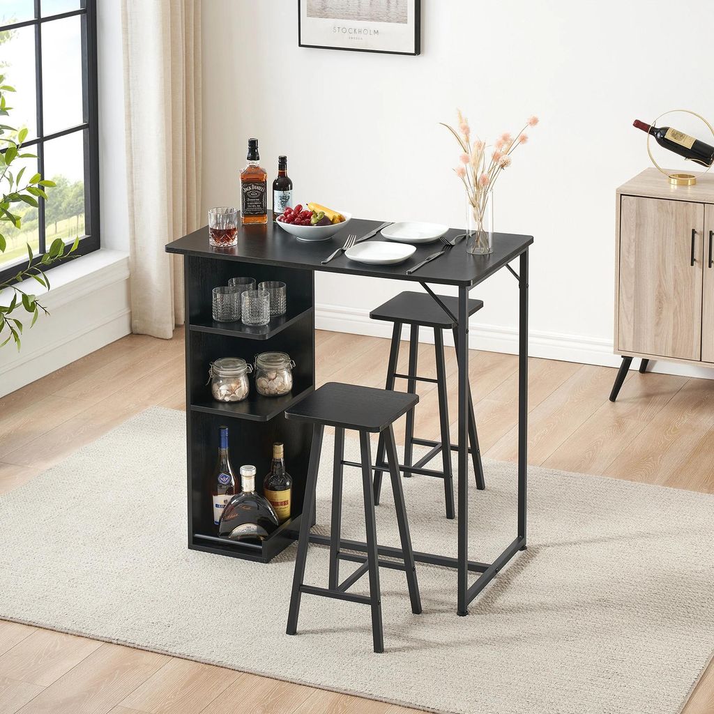 Bartisch mit 2 Stühlen - 3-teiliges Bar-Set - Tresenhöhe - Ablageböden - Metallgestell - Holzsitze - Schwarz/Holz
