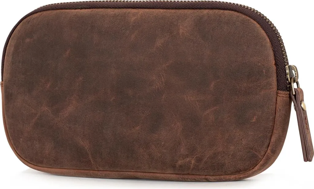 Étui en cuir marron foncé avec fermeture éclair YKK haute résistance